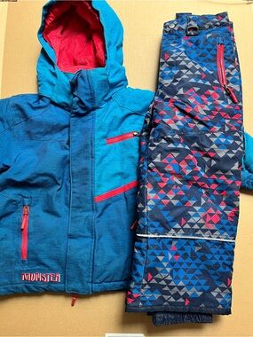 Monster Kids Black Red 2 Piece Winter Snowsuit Set Jacket Bib Pants 4T